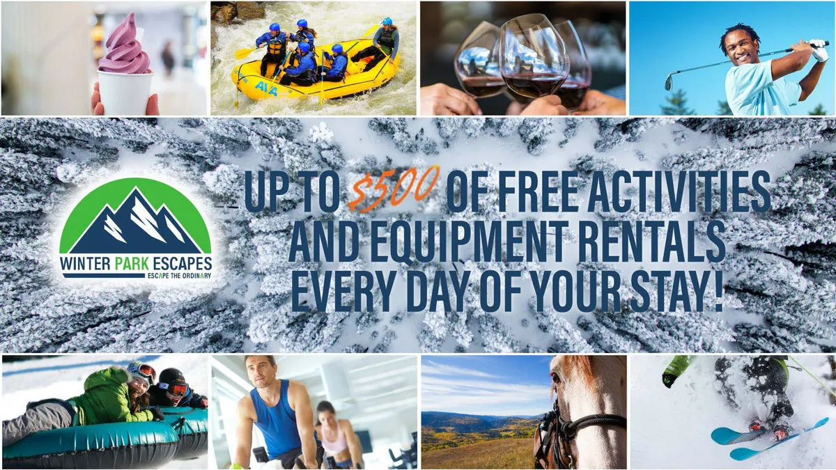 A vibrant collage of adventurous indoor activities: white-water rafting, wine tasting, golfing, snow sports, and horseback riding. These activities are depicted in a dynamic, energetic way, capturing the spirit of adventure available to guests.