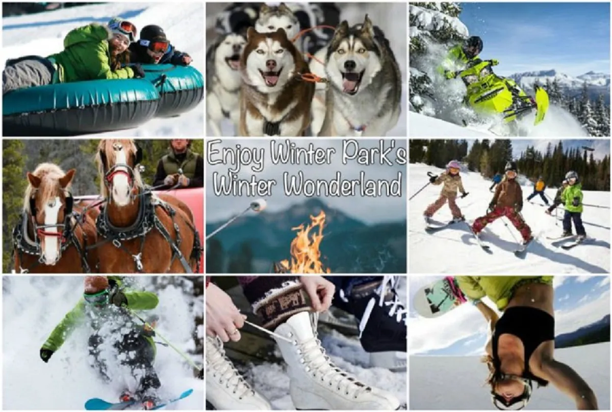 An action-packed winter scene featuring people tubing down snowy hills, huskies ready for dog sledding, snowmobiles, a horse-drawn sleigh, skiers, snowboarders, a fire pit with guests socializing, and ice skates visible in the foreground. The scene is lively and brimming with various winter adventure activities.
